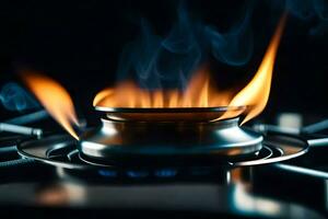 uma gás fogão com chamas em isto. gerado por IA foto