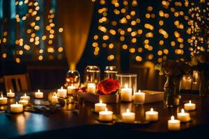 velas e flores estão conjunto em uma mesa às noite. gerado por IA foto