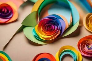 colorida papel flores arranjado em uma mesa. gerado por IA foto