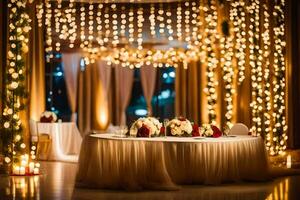 uma Casamento recepção mesa com branco toalhas de mesa e luzes. gerado por IA foto