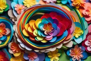colorida papel flores arranjado dentro uma círculo. gerado por IA foto