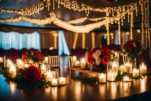 uma Casamento recepção com velas e flores gerado por IA foto