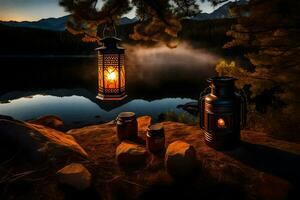 lanternas em a costa do uma lago às crepúsculo. gerado por IA foto