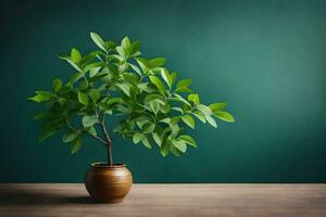 uma pequeno plantar dentro uma Castanho vaso em uma mesa. gerado por IA foto