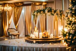 Casamento decoração com velas e flores gerado por IA foto