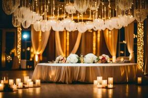 uma Casamento recepção mesa com velas e candelabros. gerado por IA foto