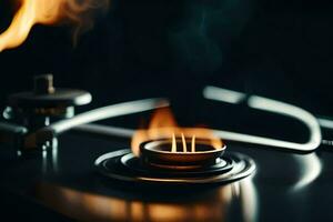 uma gás queimador com chamas em topo do uma forno. gerado por IA foto