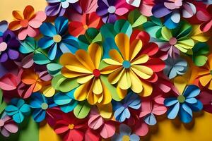 colorida papel flores em uma muro. gerado por IA foto
