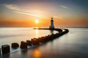 uma farol às pôr do sol com uma grandes exposição. gerado por IA foto