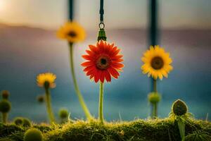 uma vermelho flor é suspensão a partir de uma gancho dentro a grama. gerado por IA foto