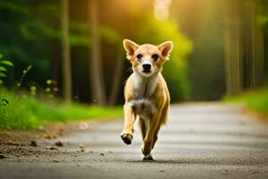 uma cachorro corrida em uma estrada dentro a madeiras. gerado por IA foto