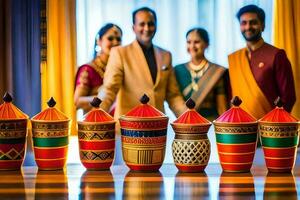 uma família do indiano Casamento convidados pose para uma foto. gerado por IA foto