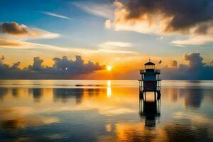 uma farol carrinhos dentro a meio do a oceano às pôr do sol. gerado por IA foto