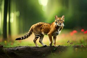 uma tigre em pé em uma sujeira caminho dentro a floresta. gerado por IA foto