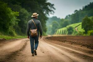 uma homem caminhando baixa uma sujeira estrada com uma bolsa. gerado por IA foto