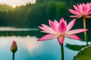 dois Rosa lótus flores estão em pé dentro frente do uma lago. gerado por IA foto