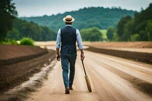 uma homem dentro uma chapéu e colete caminhando baixa uma sujeira estrada com uma beisebol bastão. gerado por IA foto