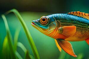 uma colorida peixe é em pé dentro a grama. gerado por IA foto