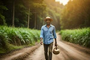 uma homem dentro uma chapéu caminhando baixa uma sujeira estrada. gerado por IA foto