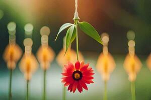 uma vermelho flor suspensão a partir de uma corda. gerado por IA foto