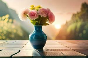 uma vaso com flores em uma mesa dentro frente do uma pôr do sol. gerado por IA foto
