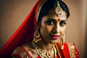 uma lindo indiano noiva dentro tradicional vermelho e ouro. gerado por IA foto