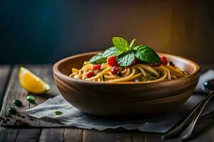 uma tigela do massa com tomates, manjericão e hortelã folhas. gerado por IA foto