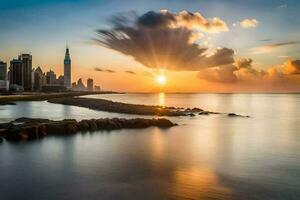 a Sol conjuntos sobre a cidade Horizonte dentro dubai. gerado por IA foto