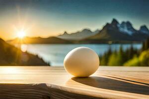 ovo em uma mesa dentro frente do uma lago e montanhas. gerado por IA foto