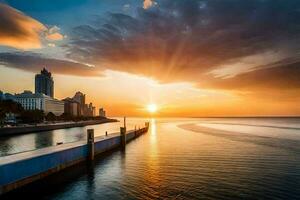 a Sol conjuntos sobre uma cidade Horizonte e água. gerado por IA foto