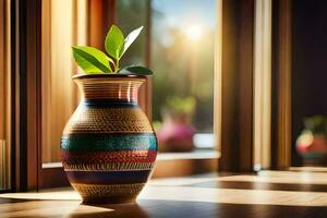 uma vaso com uma plantar sentado em uma mesa dentro frente do uma janela. gerado por IA foto