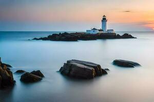 uma farol senta em a pedras às pôr do sol. gerado por IA foto