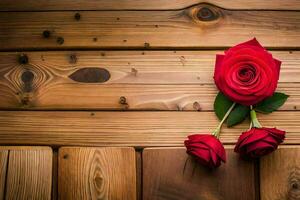 dois vermelho rosas em uma de madeira mesa. gerado por IA foto