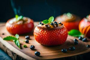 recheado tomates com amoras e hortelã em uma de madeira borda. gerado por IA foto