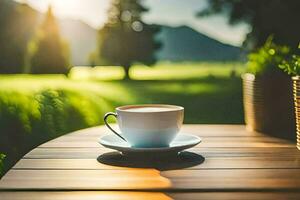 uma copo do café em uma de madeira mesa dentro a Sol. gerado por IA foto