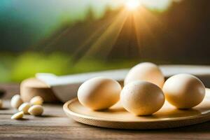 ovos em uma prato com uma Sol brilhando atrás eles. gerado por IA foto