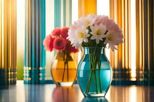 dois vasos com flores dentro eles em uma mesa. gerado por IA foto
