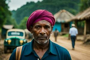 uma homem dentro uma turbante carrinhos dentro frente do uma Vila. gerado por IA foto