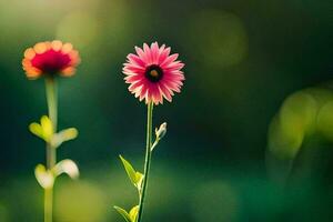 dois Rosa flores estão em pé dentro frente do uma verde fundo. gerado por IA foto