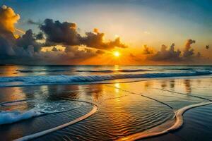 a Sol conjuntos sobre a oceano e ondas em a de praia. gerado por IA foto