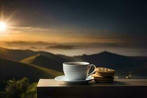 café e biscoitos em a mesa dentro a montanhas. gerado por IA foto