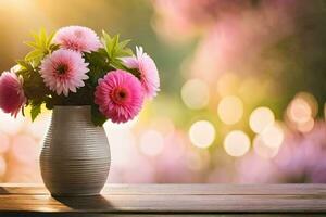 uma vaso com Rosa flores em uma mesa dentro frente do uma borrado fundo. gerado por IA foto