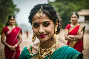 uma mulher dentro uma sari poses para a Câmera. gerado por IA foto