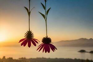 dois flores suspensão a partir de uma árvore às pôr do sol. gerado por IA foto