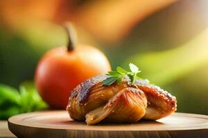 uma peça do frango em uma de madeira prato com uma tomate. gerado por IA foto