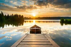 a pôr do sol em a lago. gerado por IA foto