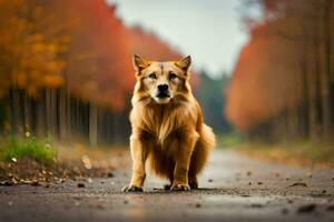 uma cachorro em pé em uma estrada dentro a meio do uma floresta. gerado por IA foto