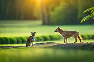 dois cachorros em pé em a Relva perto uma lago. gerado por IA foto