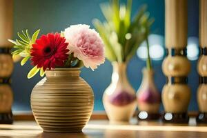 uma vaso com flores sentado em uma mesa. gerado por IA foto