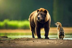 uma Castanho Urso e uma pequeno animal em pé Próximo para cada outro. gerado por IA foto